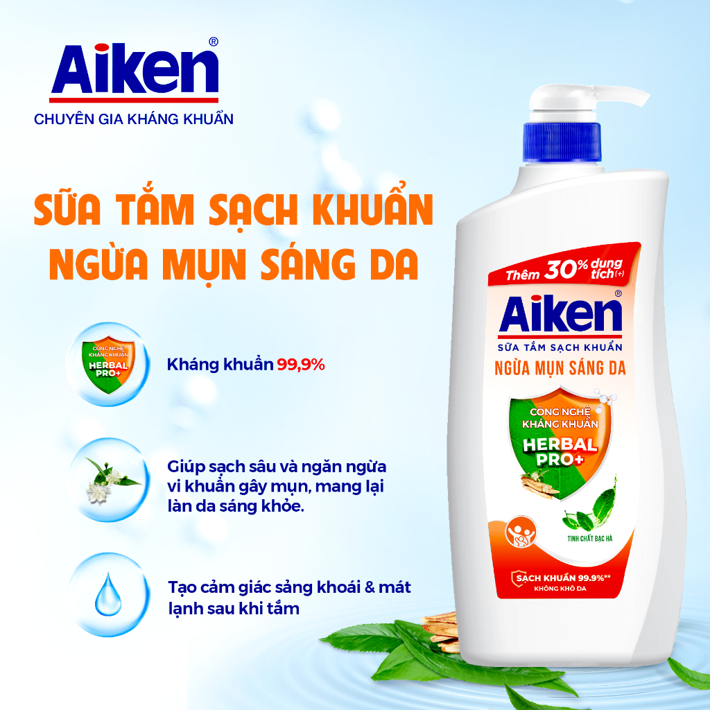 Combo 2 Sữa tắm sạch khuẩn Aiken thảo mộc dưỡng ẩm mềm mịn/ ngừa mụn sáng da (845g x 2)