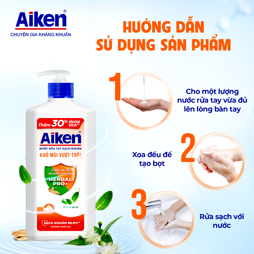 Combo 3 Nước rửa tay Aiken Sạch khuẩn khử mùi / dưỡng ẩm (494g x 3)