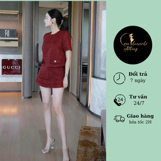 Set dạ đỏ tay ngắn phối chân váy chữ  A sang trọng, thanh lịch Eva_hamichi