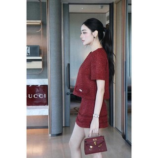 Set dạ đỏ tay ngắn phối chân váy chữ  A sang trọng, thanh lịch Eva_hamichi
