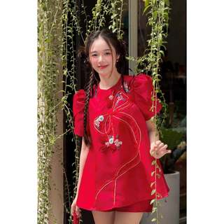 Áo OLV babydoll tay bồng thêu tay ngọt ngào Hân Giao phù hợp đi chơi lễ tết (Không kèm chân váy)