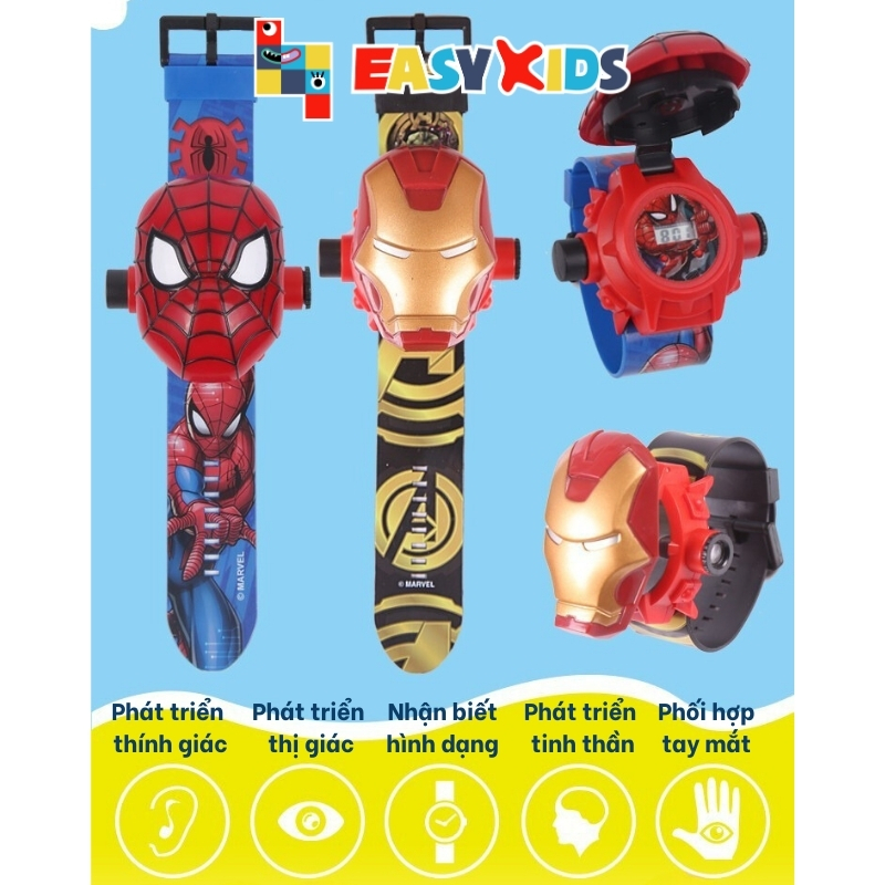 Đồng Hồ Chơi Cho Bé Trai Gái 345678 Tuổi Đeo Tay Siêu Nhân, Kuromi, Spiderman, Ironman, Hulk, Captain….Chiếu 24 Hình