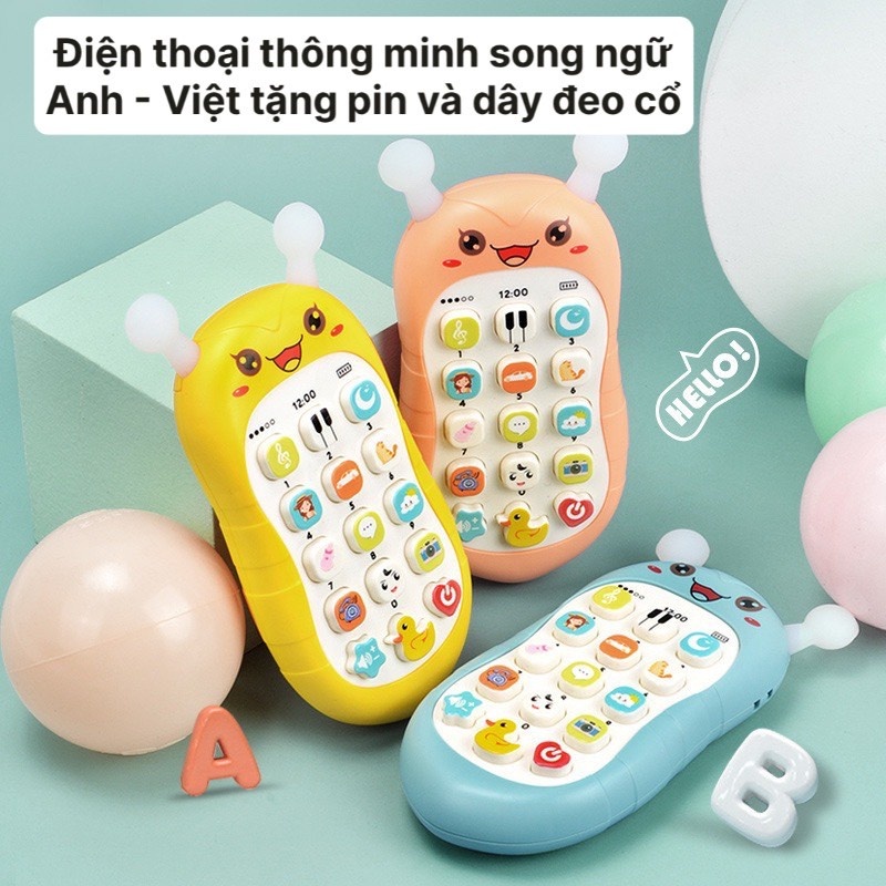 [Tặng kèm 2 pin] Đồ chơi điện thoại thông minh song ngữ Anh - Việt phát âm thanh có dây đeo cổ cho bé