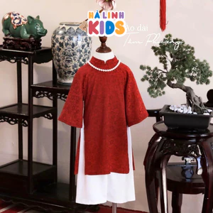 Áo Dài Tết Cho Bé Tặng Kèm Vòng Ngọc Áo Dài Đỏ Kèm Quần Trắng Chất Gấm Lụa Phong Cách Cổ Xưa Cho Bé Diện Tết 2025