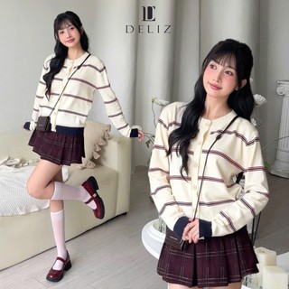 Cardigan nữ áo khoác len lông thỏ cổ tròn kẻ ngang dài tay hottrend thiết kế cao cấp DELIZ CD844