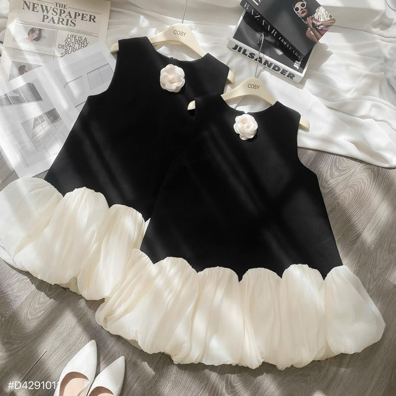Đầm bé gái dáng suông phối bèo có đính hoa cho mẹ và bé gái 15-55kg, Đầm baby doll bé gái size đại, đầm tiệc bé gái