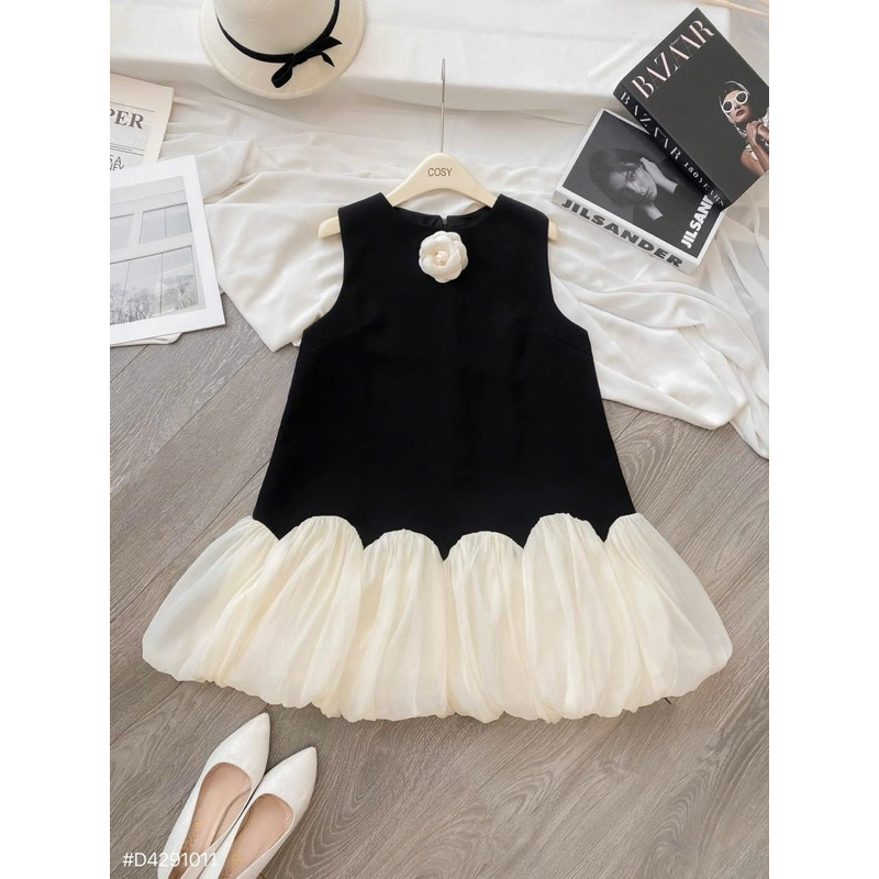 Đầm bé gái dáng suông phối bèo có đính hoa cho mẹ và bé gái 15-55kg, Đầm baby doll bé gái size đại, đầm tiệc bé gái