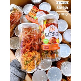 250gr Ăn vặt ngon Khô mix 3 vị gồm khô gà lá chanh,khô heo cháy tỏi và khô mực hấp nước dừa,có kèm tương ớt.