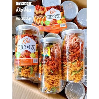 250gr Ăn vặt ngon Khô mix 3 vị gồm khô gà lá chanh,khô heo cháy tỏi và khô mực hấp nước dừa,có kèm tương ớt.