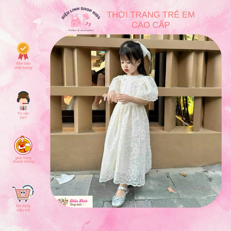 Váy Đầm Công Chúa Cho Bé DL54 - Màu Trắng Kem, Chất Liệu Ren Sợi Mềm Mịn Thoáng Mát, Size 8/40kg - Diệu Linh Shop Kids