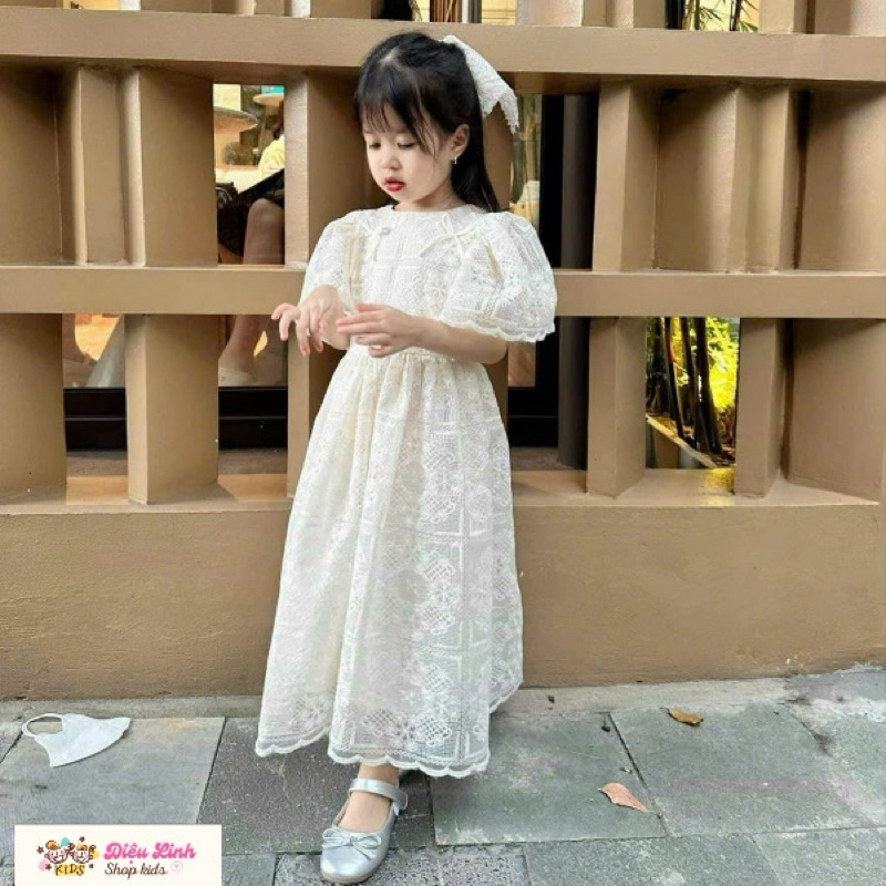 Váy Đầm Công Chúa Cho Bé DL54 - Màu Trắng Kem, Chất Liệu Ren Sợi Mềm Mịn Thoáng Mát, Size 8/40kg - Diệu Linh Shop Kids