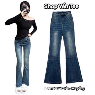 Quần jeans loe xanh rêu bụi túi viền dài 100cm Yến Tee , chất jeans cotton mềm đẹp #10062