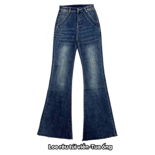 Quần jeans loe xanh rêu bụi túi viền dài 100cm Yến Tee , chất jeans cotton mềm đẹp #10062