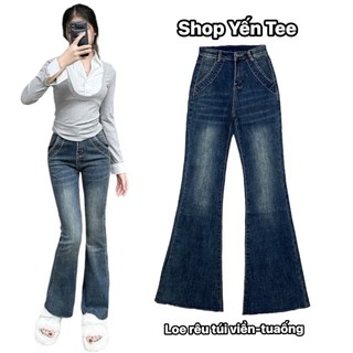 Quần jeans loe xanh rêu bụi túi viền dài 100cm Yến Tee , chất jeans cotton mềm đẹp #10062