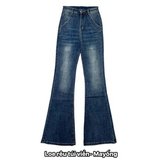 Quần jeans loe xanh rêu bụi túi viền dài 100cm Yến Tee , chất jeans cotton mềm đẹp #10062