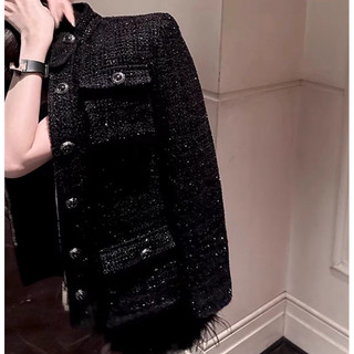 Áo khoác dạ tweed tiểu thư cổ tròn thân dài kèm đai sang chảnh phong cách Châu Âu