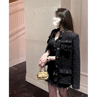 Áo khoác dạ tweed tiểu thư cổ tròn thân dài kèm đai sang chảnh phong cách Châu Âu