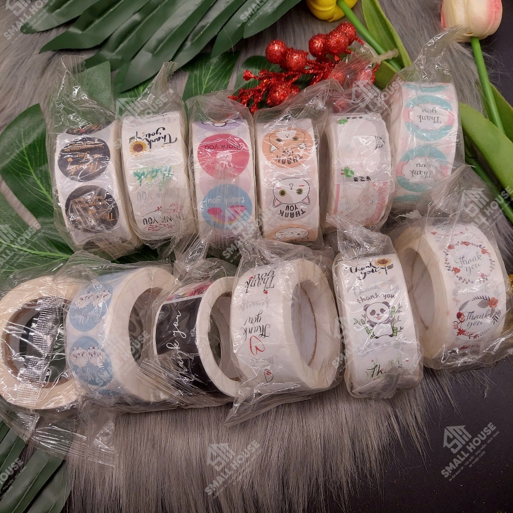 [NHIỀU MẪU] CUỘN 500 nhãn dán cảm ơn, tem Thanh you, sticker thank you kiểu dáng vintage, giấy craft đơn giản đáng yêu