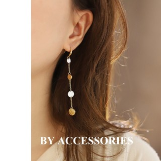 Bông tai nữ titan kiểu tua rua dài phối mặt tròn 2 màu trắng vàng mạ vàng 18K không gỉ WE2489