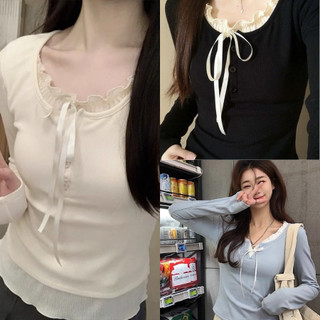Áo kiểu phối bèo ren đen trắng xanh cột dây sang trọng chất thun tăm VANISA LULA33