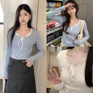 Áo kiểu phối bèo ren cột dây sang trọng chất thun tăm đen trắng xanh xinh VANISA CT117