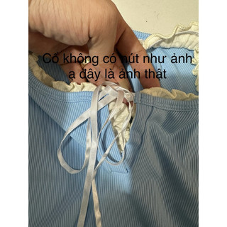 Áo kiểu phối bèo ren cột dây sang trọng chất thun tăm đen trắng xanh xinh VANISA CT117