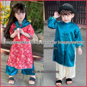 Lenguyenbaby-BỘ áo dài cặp anh em Gia Khang+Uyên Nhi (7-35kg) cho bé mặc đi lễ tết, lễ truyền thống, chất liệu lụa+gấm