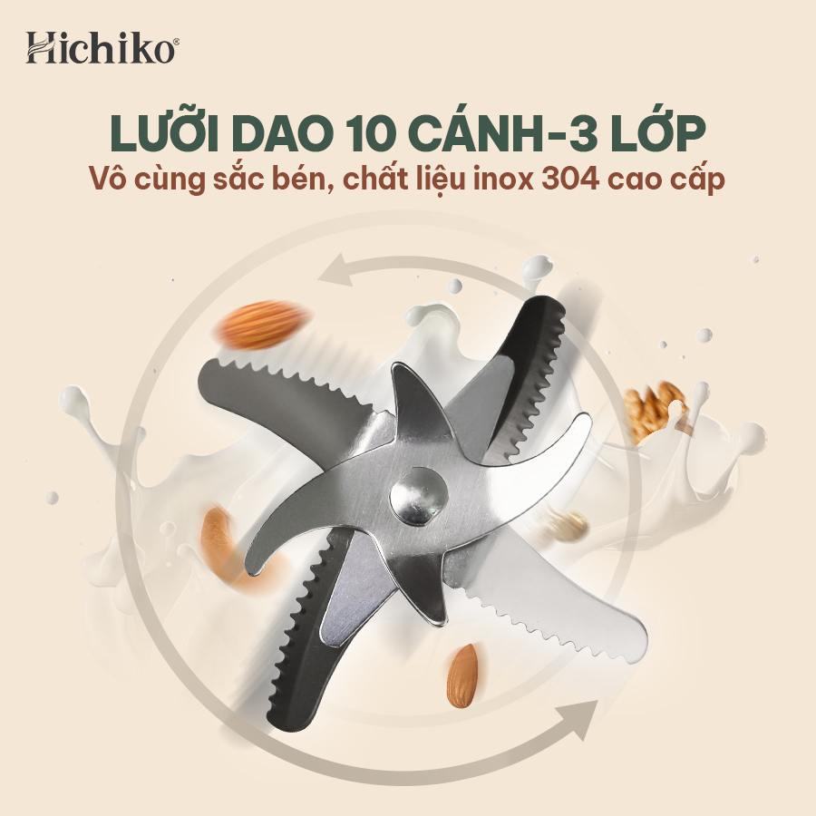 Máy làm sữa hạt 1000ml Hichiko, 8 chức năng nấu, 10 lưỡi xay 3 lớp xay nhuyễn mịn, HC-3502