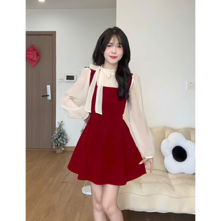 Váy nhung phối tơ tay bồng buộc nơ cổ tiểu thư Hàn Quốc