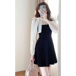 Váy nhung phối tơ tay bồng buộc nơ cổ tiểu thư Hàn Quốc