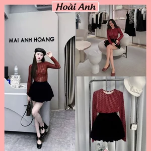 Set Bộ Áo Len Lưới Đỏ Lót Trong Màu Da Siêu Sang Mix Chân Váy Nhung Bí Phồng Cao Cấp Freesize