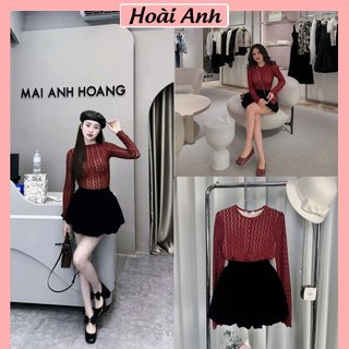 Set Bộ Áo Len Lưới Đỏ Lót Trong Màu Da Siêu Sang Mix Chân Váy Nhung Bí Phồng Cao Cấp Freesize