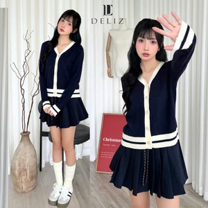 Áo khoác len cardigan dài tay cổ tim xanh than phối viền trắng hàng thiết kế cao cấp DELIZ CD842