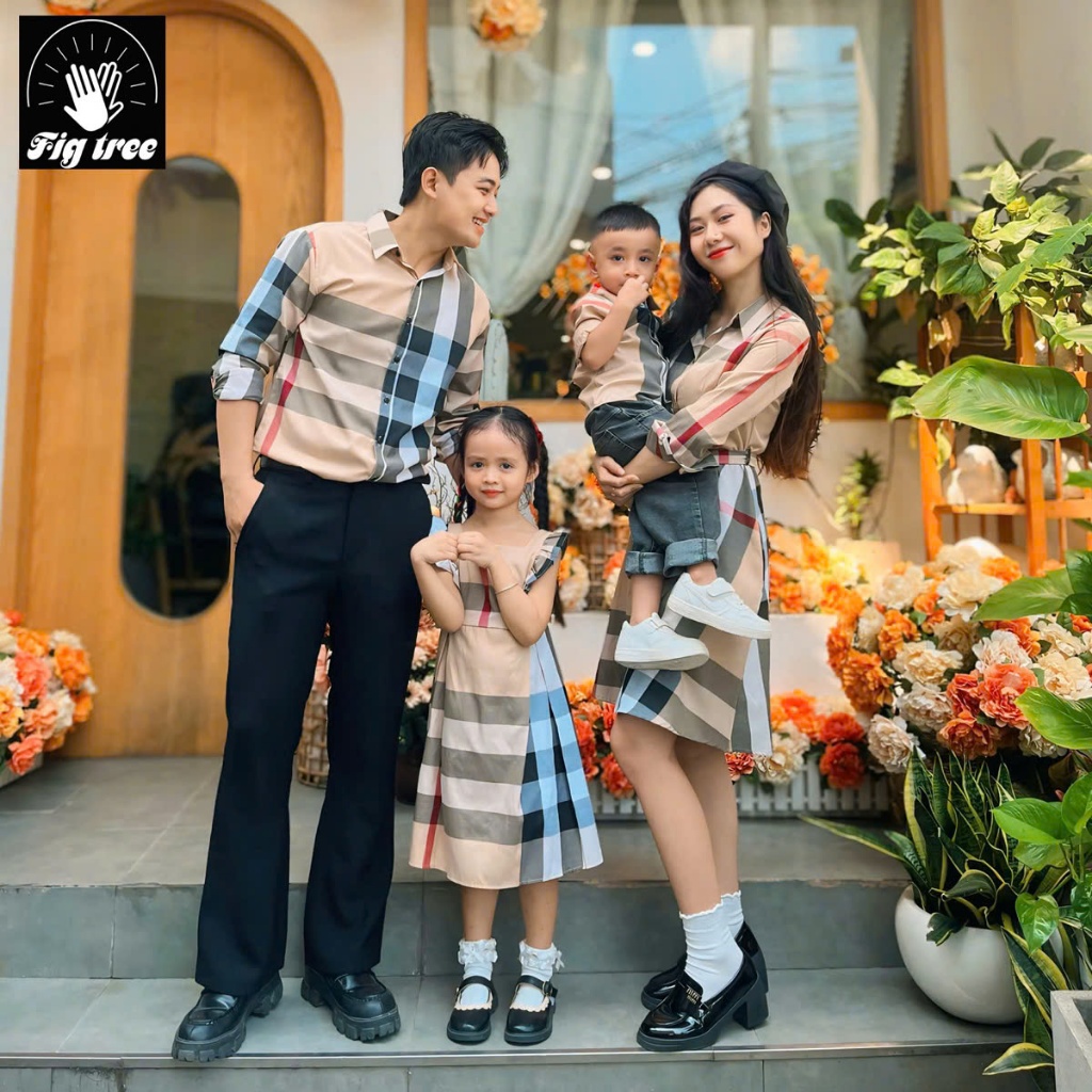 Set Đồ Gia Đình FIG TREE Caro Màu Kem Đi Tiệc Siêu Sang, Áo Sơ Mi Nam Váy Nữ ( Hàng thiết kế)