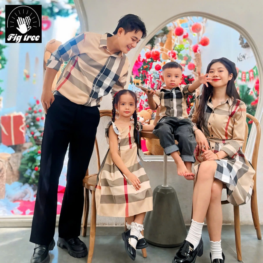 Set Đồ Gia Đình FIG TREE Caro Màu Kem Đi Tiệc Siêu Sang, Áo Sơ Mi Nam Váy Nữ ( Hàng thiết kế)