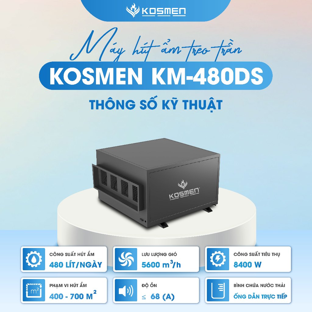 Ảnh Máy Hút Ẩm Âm Trần Kosmen KM-480DS Công Suất 480 lít/ngày - Hàng Chính Hãng BH 24 Tháng 1