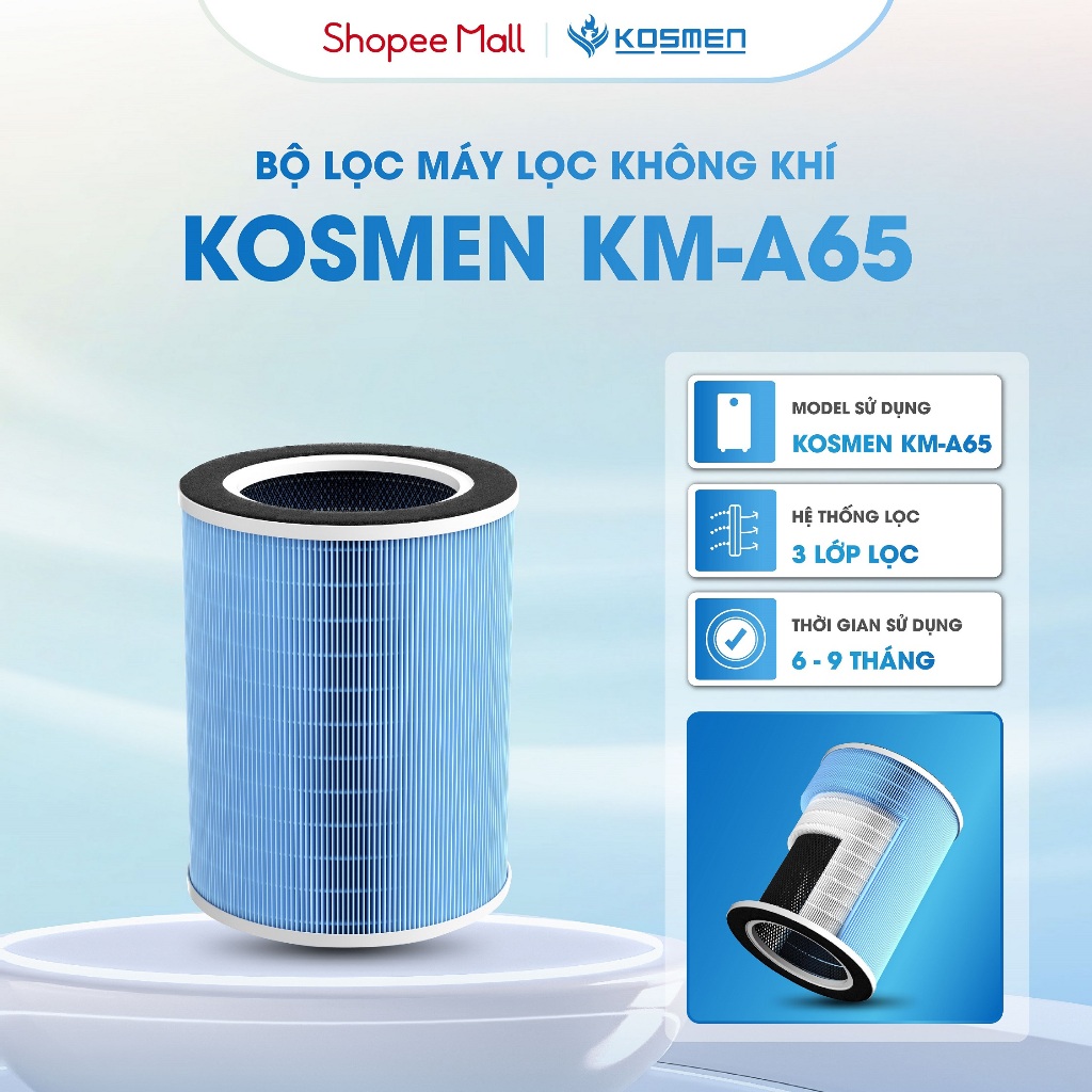 Ảnh Lõi Lọc Không Khí Kosmen KM-A65 Màng Lọc Than Hoạt Tính Loại Bỏ 99,97% Bụi Mịn - Hàng Chính Hãng 1