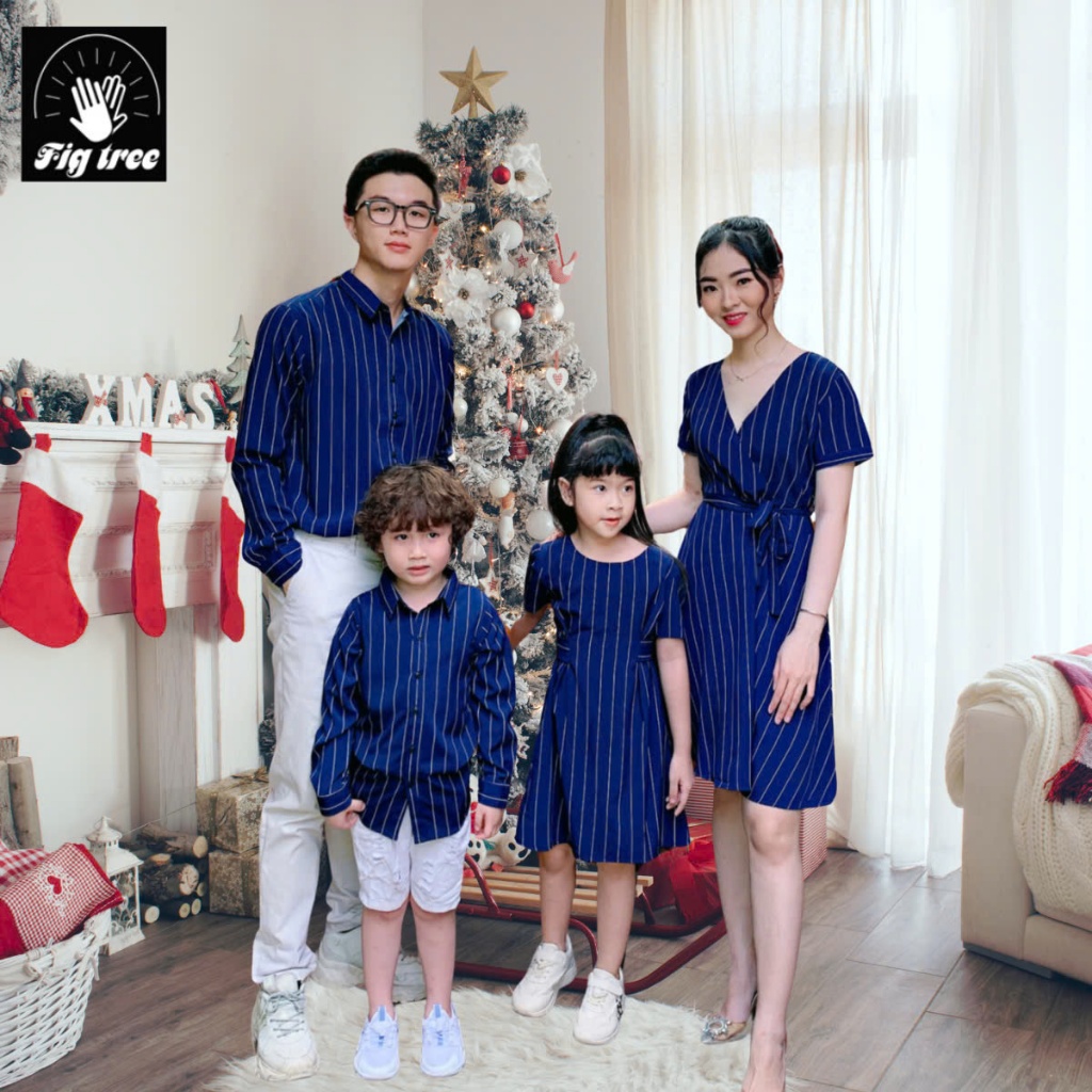 Combo Áo Sơ Mi Váy FIG TREE Đồng Phuc Gia Đình Sọc Xanh Trắng Đi Tiệc, Chất Mềm Mát (ms 145A)