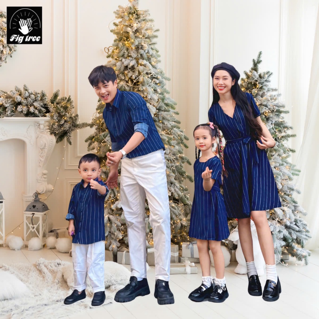 Combo Áo Sơ Mi Váy FIG TREE Đồng Phuc Gia Đình Sọc Xanh Trắng Đi Tiệc, Chất Mềm Mát (ms 145A)