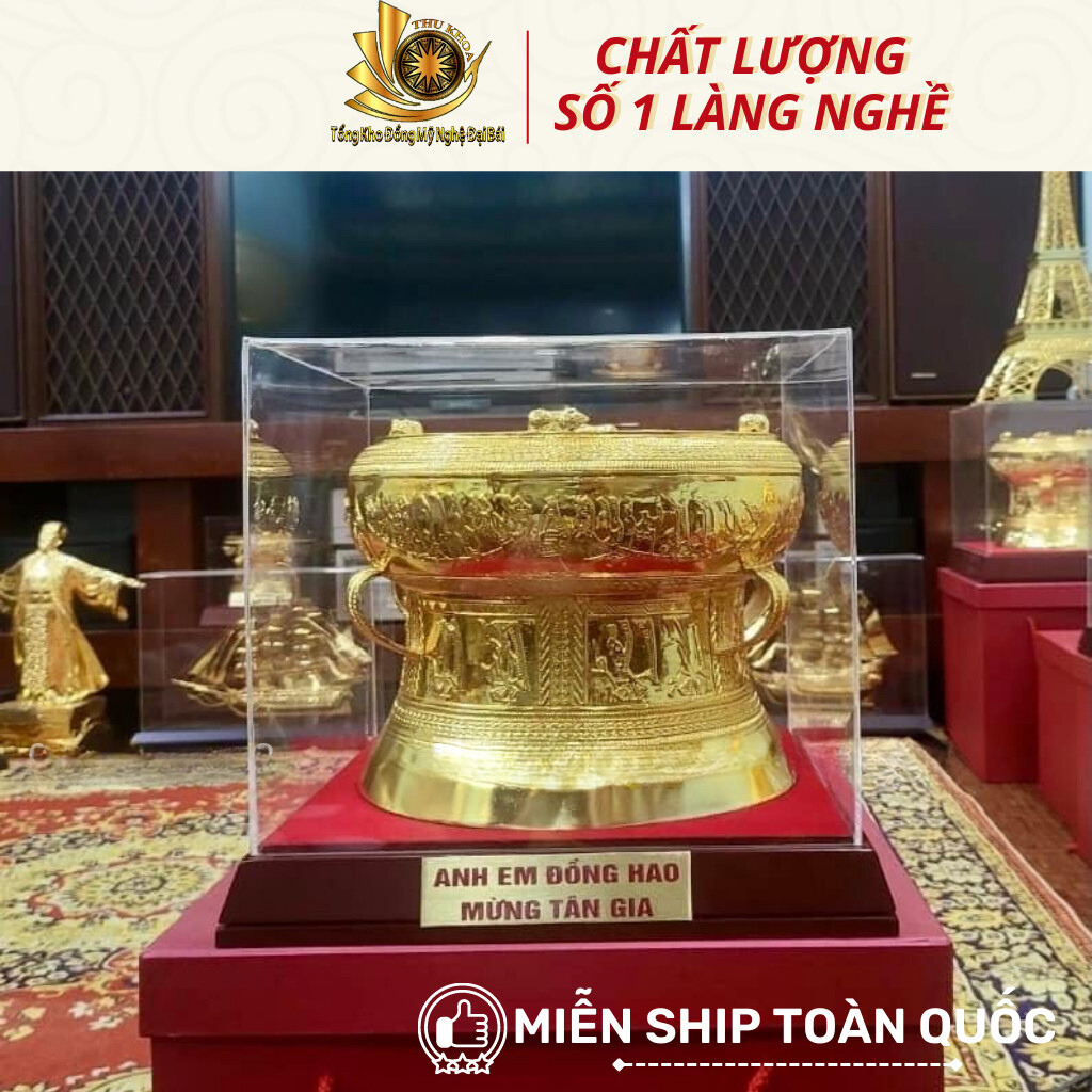 Trống đồng quà tặng mạ v.àng đk 20cm, trống đồng mô hình để bàn đầy đủ hộp, nơ, kính micca freeship