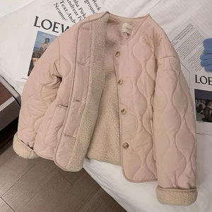 Áo khoác bông lông cừu cho nữ mùa đông 2024 phiên bản Hàn Quốc mới áo khoác len cừu cổ tròn cotton
