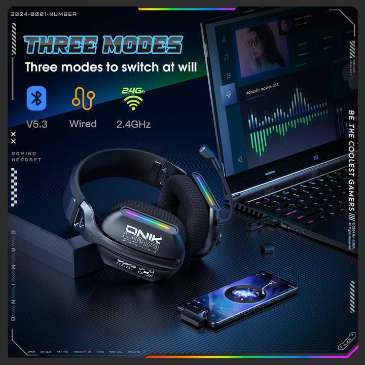 Tai Nghe Gaming ONIKUMA GT808 2.4G, Bluetooth 5.3, Có Dây, Đèn RGB, kèm Mic