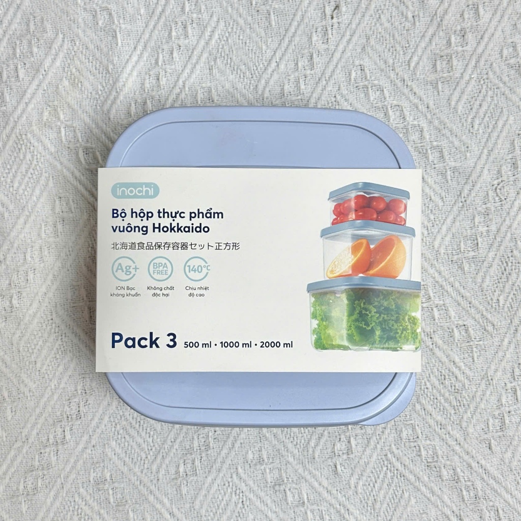 Bộ 3 hộp thực phẩm VUÔNG Inochi Hokkaido (500/1000/2000ml & 750/1500/2500ml), nhựa nguyên sinh an toàn, tiện dụng