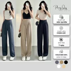 Quần ống rộng dáng suông cạp cao , không kèm belt, may bằng vải trượt hàn cao cấp không nhăn.