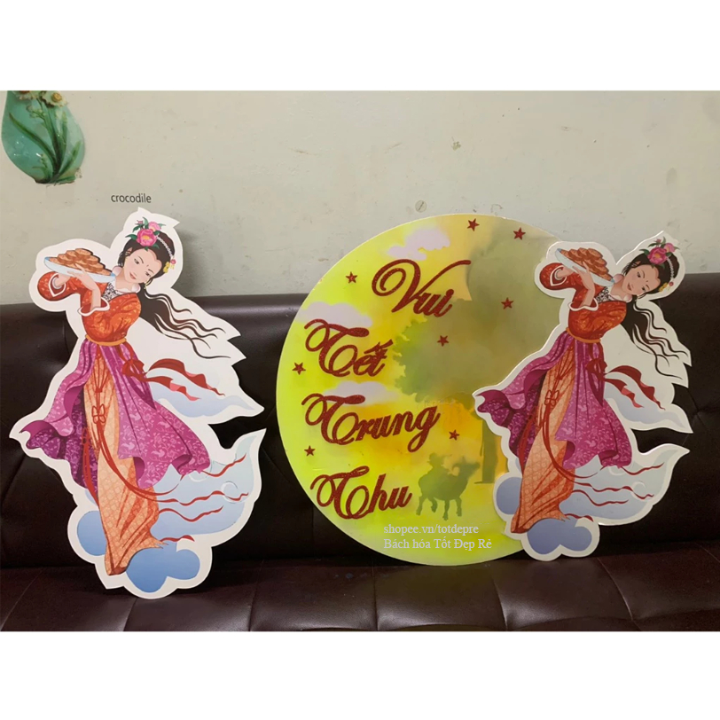 Khung tranh chị Hằng Nga và trăng rằm có chữ Vui Tết Trung Thu trang trí lễ hội Tết Trung Thu