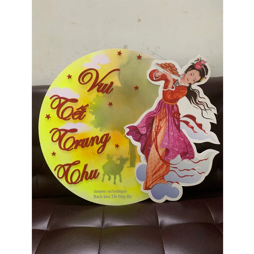 Khung tranh chị Hằng Nga và trăng rằm có chữ Vui Tết Trung Thu trang trí lễ hội Tết Trung Thu