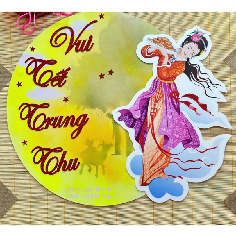 Khung tranh chị Hằng Nga và trăng rằm có chữ Vui Tết Trung Thu trang trí lễ hội Tết Trung Thu