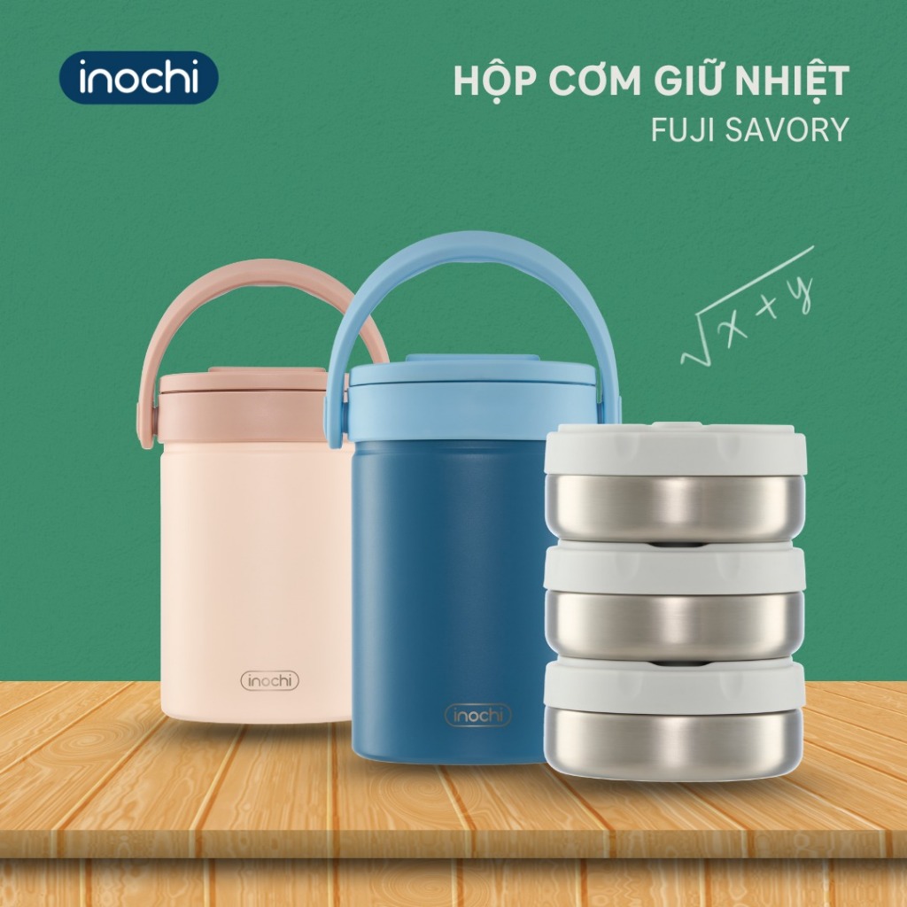 Hộp cơm giữ nhiệt mang đi làm Fuji Savory 1700ml, inox 304 cao cấp 3 hộp trữ kèm muỗng inox gấp gọn