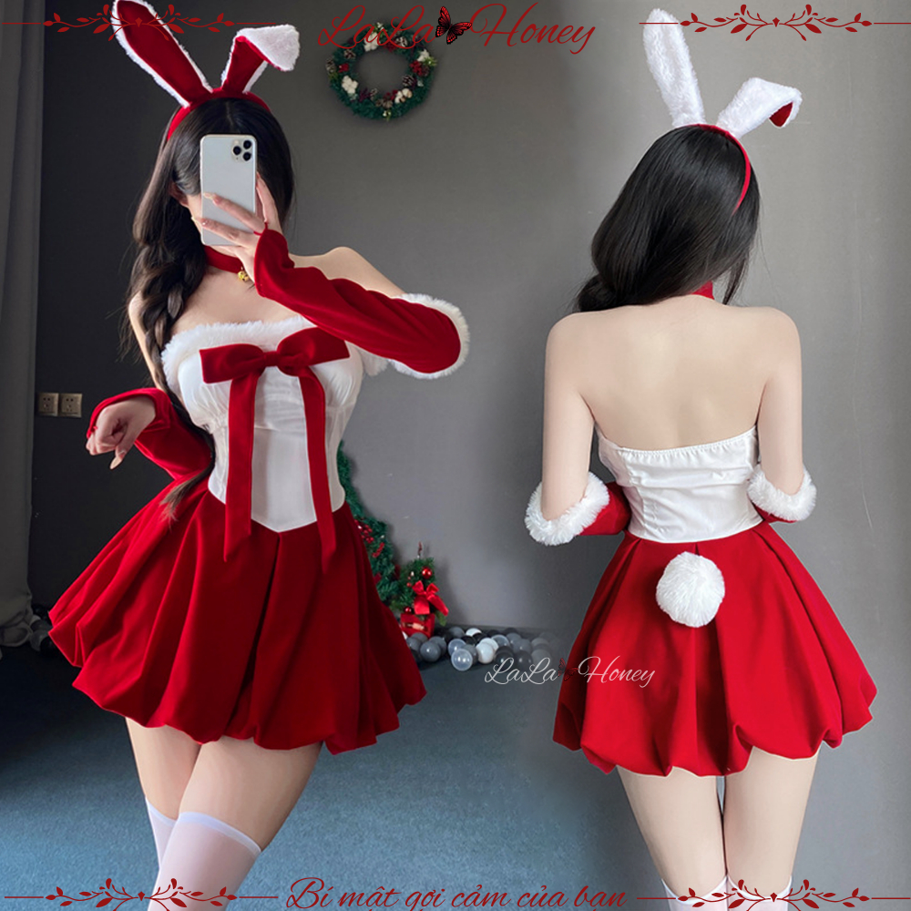 Bộ Váy Giáng Sinh Noel Năm Mới Cosplay Thỏ Nhung Xinh Xắn Kèm Găng Tay ...