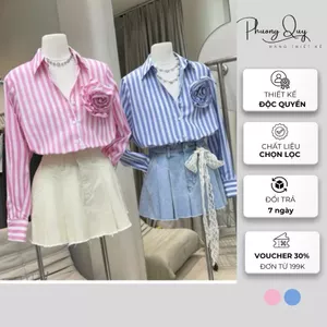 Áo sơ mi nữ kẻ sọc xanh hồng đính hoa sang chảnh hàn quốc, Phong cách tiểu thư thanh lịch , chất liệu cotton [Qt2]